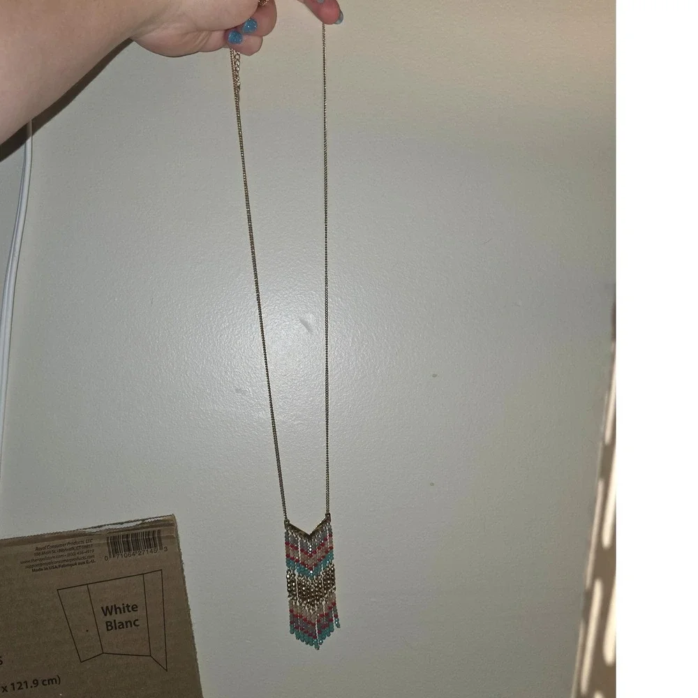 Premier Designs Necklace Gold Turquoise Red Excellent Lively Long Statement